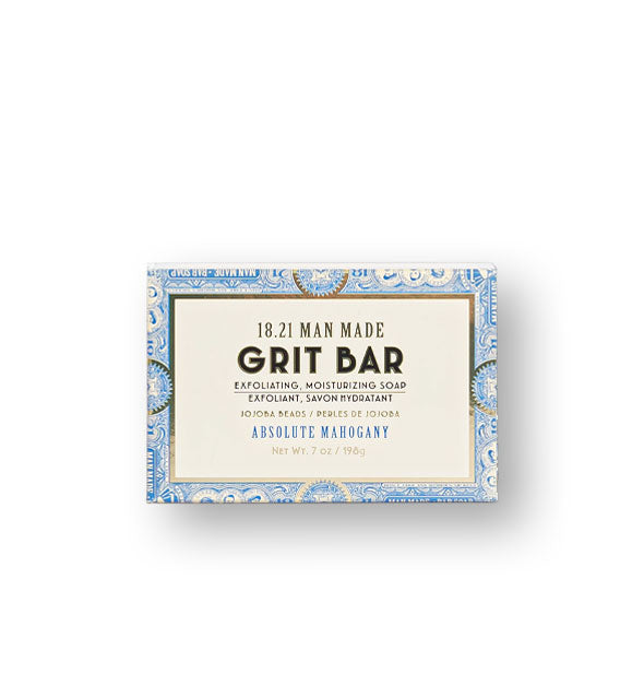 18.21 Man Made Grit Bar soap in Absolute Mahogany scent in decorative blue, white, and gold packaging