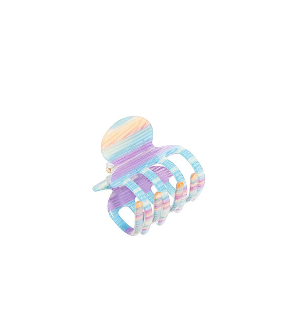 Claw clip with thin pastel orange, blue, pink, and purple stripe pattern