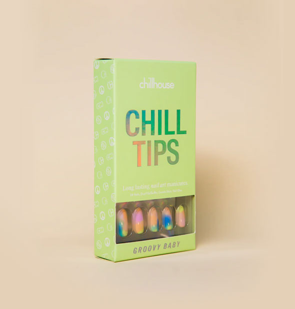 Green box of Chillhouse Chill Tips press-on nails in the style Groovy Baby, five of which are visible through a window in packaging