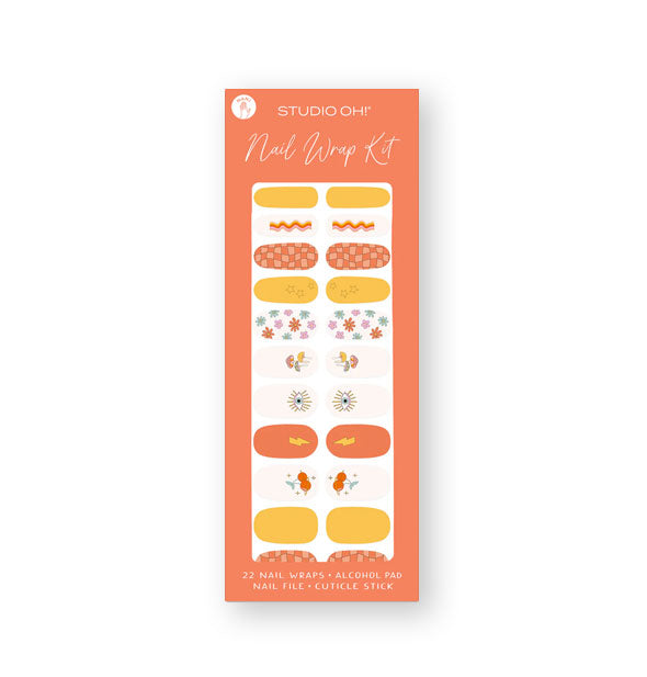 Nail Wrap Kit by Studio Oh! features retro-themed designs in coral, orange, and white patterns and solids
