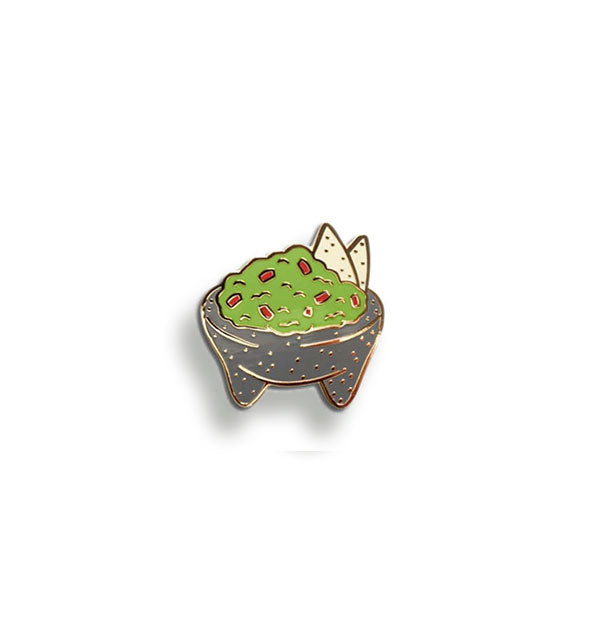 Bowl of guacamole enamel pin with red flecks and tortilla chips