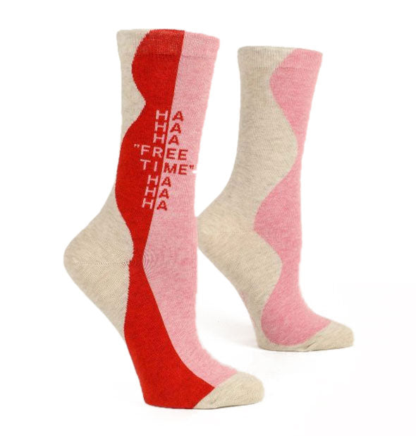 White, red, and pink crew socks say, "Ha ha ha 'free time' ha ha ha" on the ankles