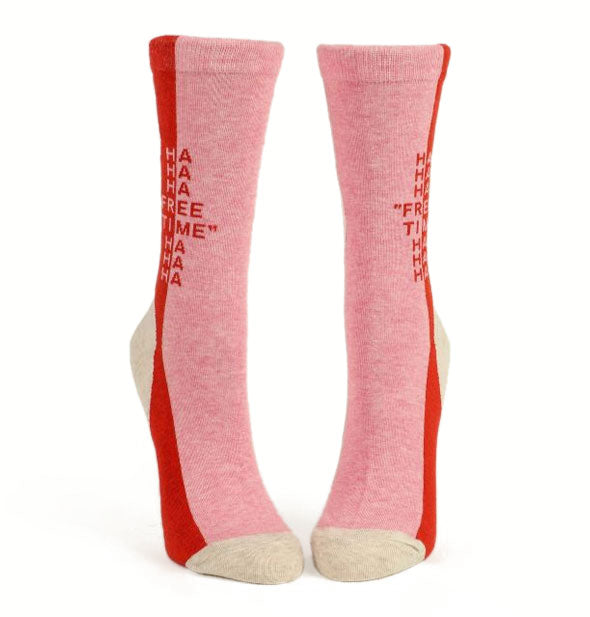 White, red, and pink crew socks say, "Ha ha ha 'free time' ha ha ha" on the ankles