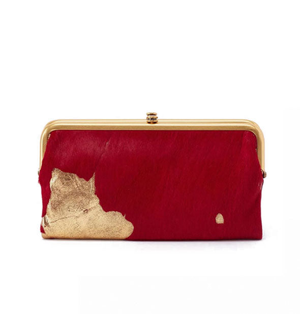 Red and gold hair-on hide wallet with top gold-toned frame hardware