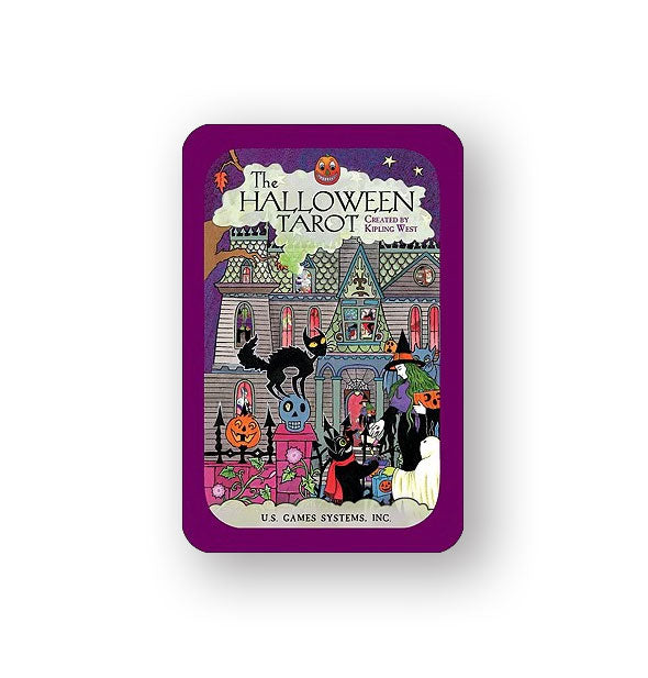 The Halloween Tarot rectangular tin with rounded corners features an illustration of a haunted house with pumpkins, a witch, skull, black cat, and other spooky entities