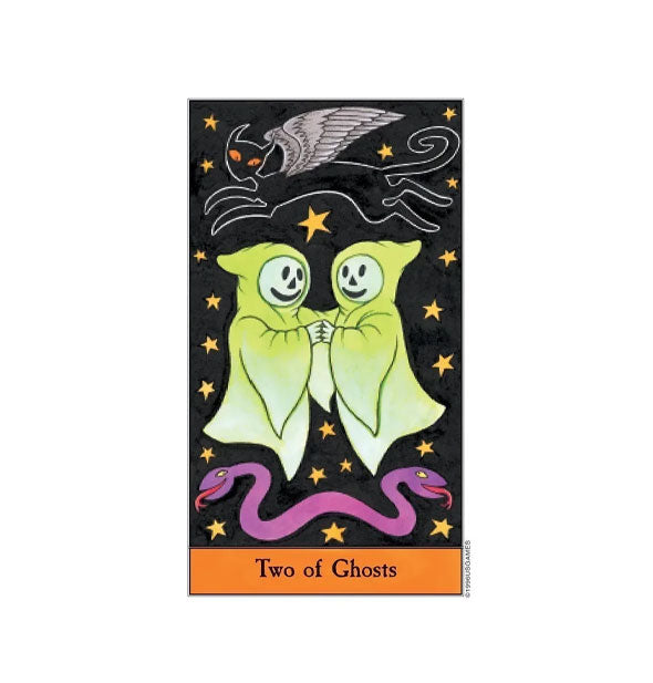 Two of Ghosts tarot card features an illustration of two ghosts with white jack-o-lantern faces appearing to dance atop a purple two-headed snake under a starry sky with winged cat outline