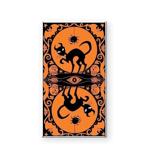 Halloween Tarot card back features a mirrored orange and black illustration of a cat and spider surrounded by bats, skulls, and branches