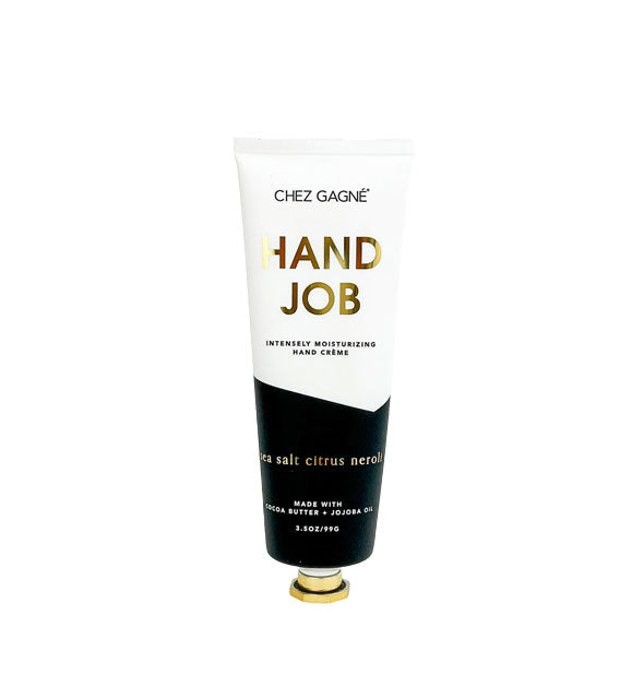 Black and white tube of Chez Gagné Hand Job Intensely Moisturizing Hand Crème with gold cap and gold foil lettering