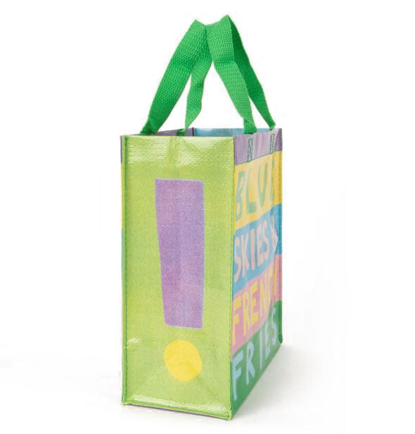 Side view of tote bag with exclamation point graphic