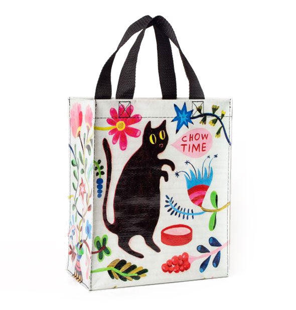 Tote bag with black straps features a floral motif with black cat saying, "Chow Time"