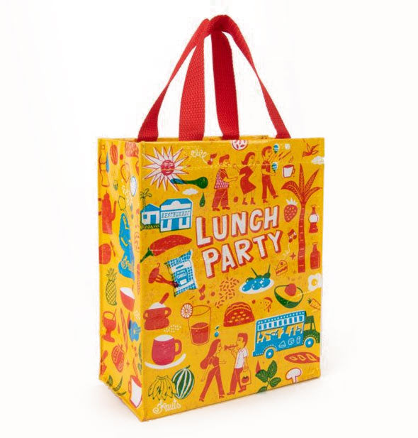 Yellow tote bag with red straps features all-over colorful illustrations and the words "Lunch Party" in the center