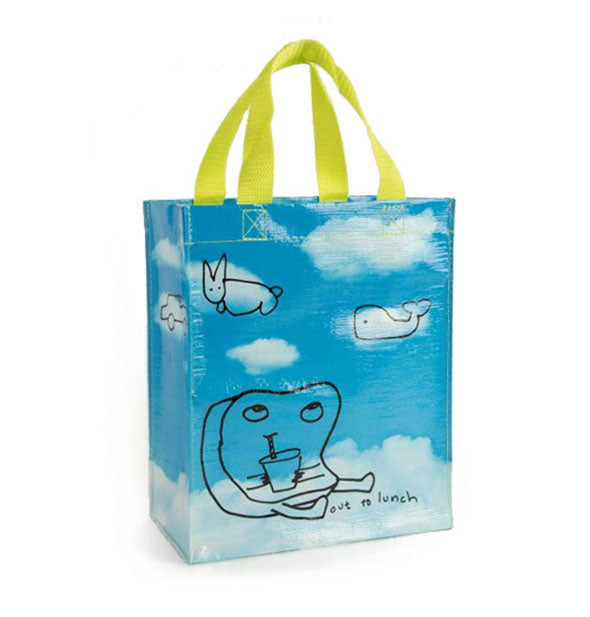 Tote bag with bright yellow-green handles features all-over blue sky and puffy white clouds imagery with childlike drawings outlining some of them and the words, "Out to lunch" at the bottom