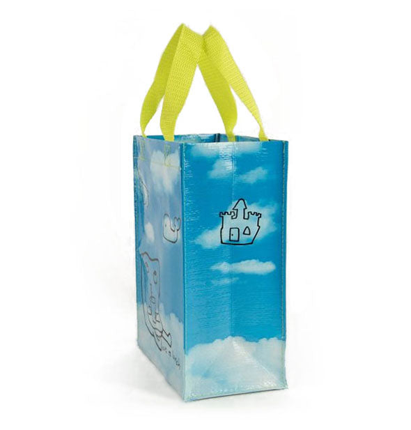 Tote bag with bright yellow-green handles features all-over blue sky and puffy white clouds imagery with childlike drawings outlining some of them