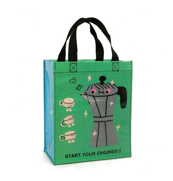 Rectangular tote bag featuring a retro-style coffee percolator and mugs illustration says, "Start your engines!!!"