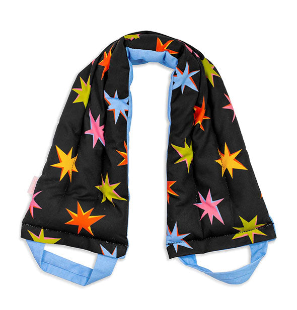 Black neck wrap with blue underside and handles features a colorful starburst pattern
