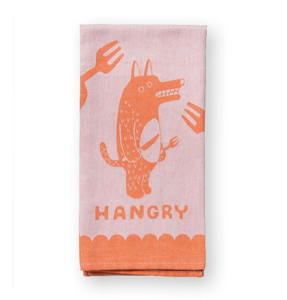 Pink and orange "Hangry" dish towel with illustration of a cartoon wolf holding a knife and fork