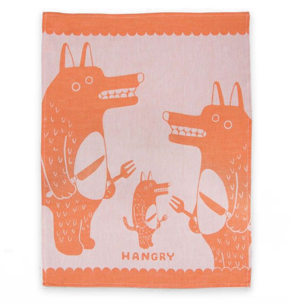 Pink and orange "Hangry" dish towel with illustrations of grinning wolves each holding a knife and fork
