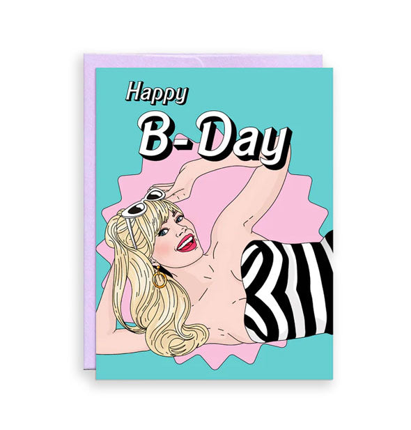 Teal greeting card backed by a purple envelope features illustration of Barbie in a black and white striped swimsuit with the message, "Happy B-Day" in white lettering with a black shadow effect