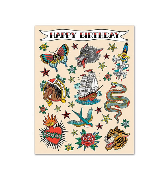 Rectangular greeting card features all-over illustrations of colorful tattoo designs and says, "Happy Birthday" in a banner at the top