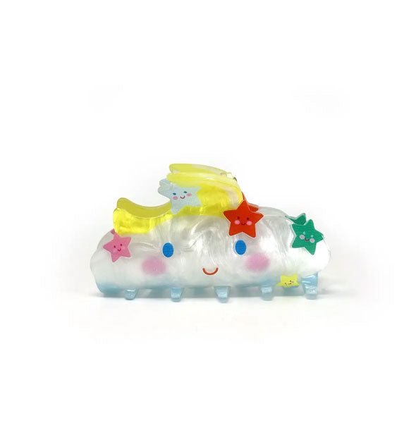 White quartz-effect cloud-shaped claw clip with smiley face features a yellow crescent moon top and colorful smiley face star accents