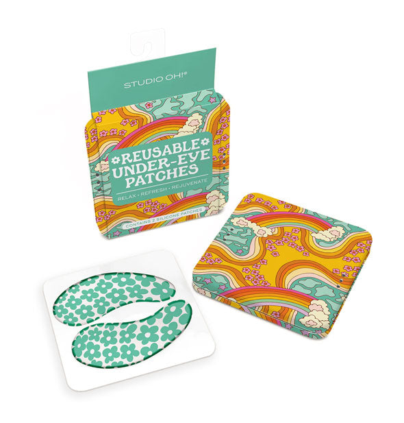 Contents of the Happy-Go-Lucky edition of Studio Oh! Reusable Under-Eye Patches: Trippy rainbow and flower print patches and matching square storage tin