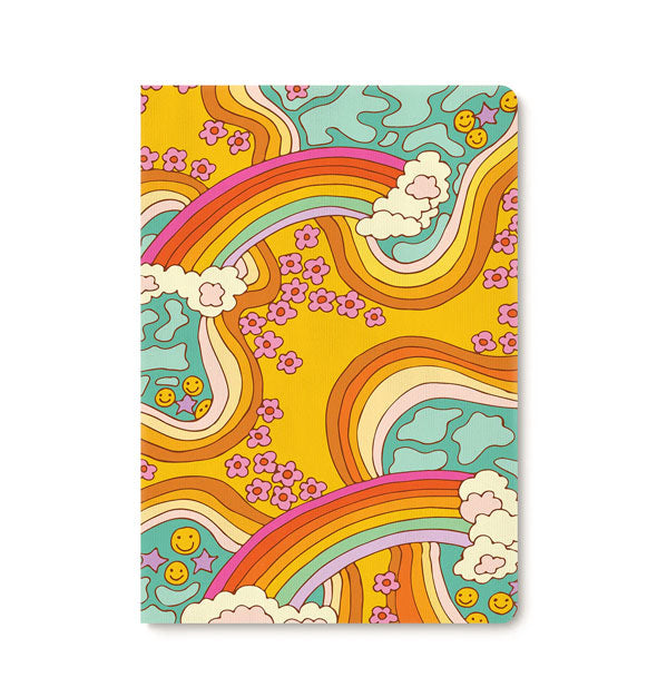 Sketchbook cover features an illustrated design of cloud-flanked rainbows touching down in teal pools accented with yellow smiley faces, purple stars, and pink flowers