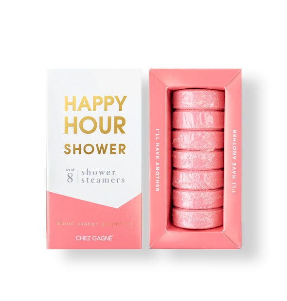 Opened pink and white box of eight individually wrapped Happy Hour Shower shower steamers with gold foil lettering on the lid