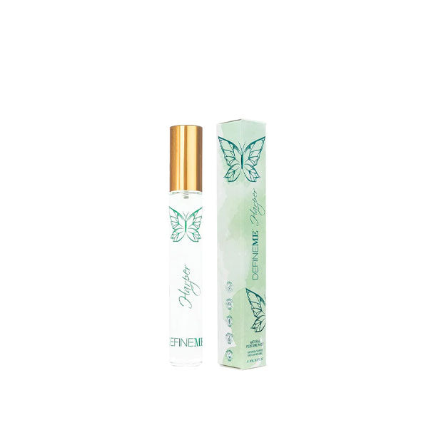 SLender tube of Harper perfume by DefineMe with green box, both adorned with green butterfly graphics