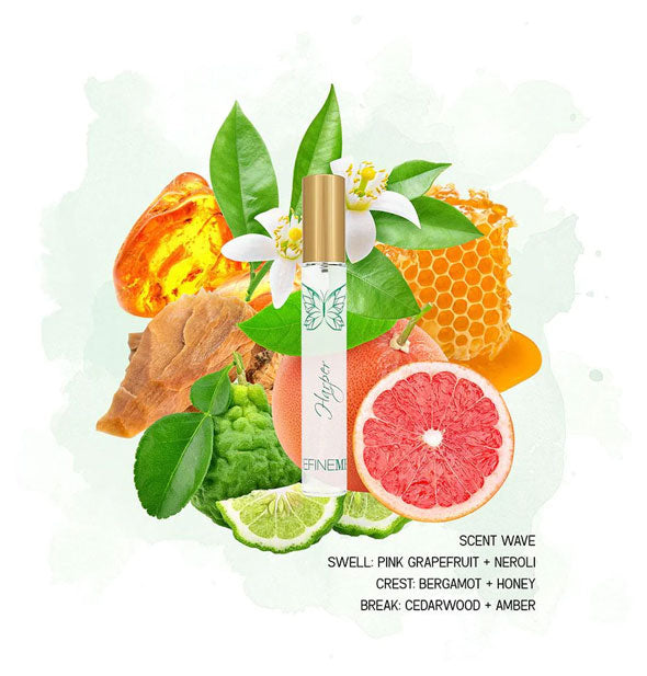 Bottle of Harper perfume on a backdrop of fruits and botanicals is captioned with its scent profile