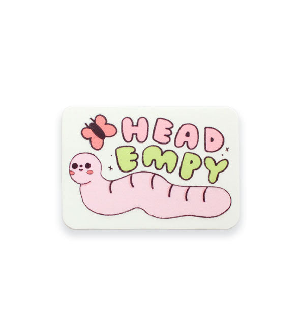 Rectangular white sticker with rounded corners features illustration of a smiling pink worm and a pink butterfly and the words, "Head Empy" in pink and green bubble lettering