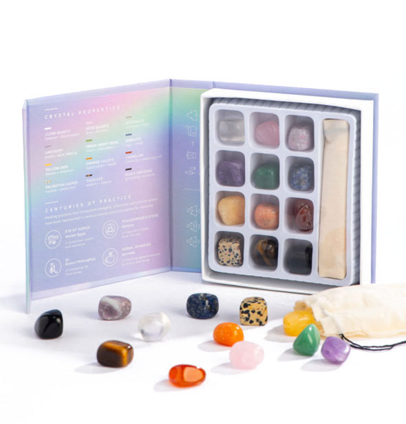 Printed gemstone box set shown open to reveal 12 stones and storage bag inside
