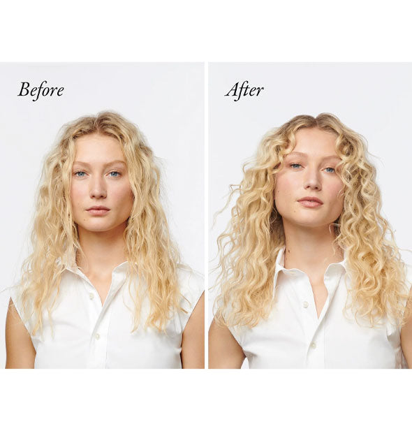 Side-by-side comparison of model's hair before and after using Oribe Hair Alchemy Heatless Styling Balm