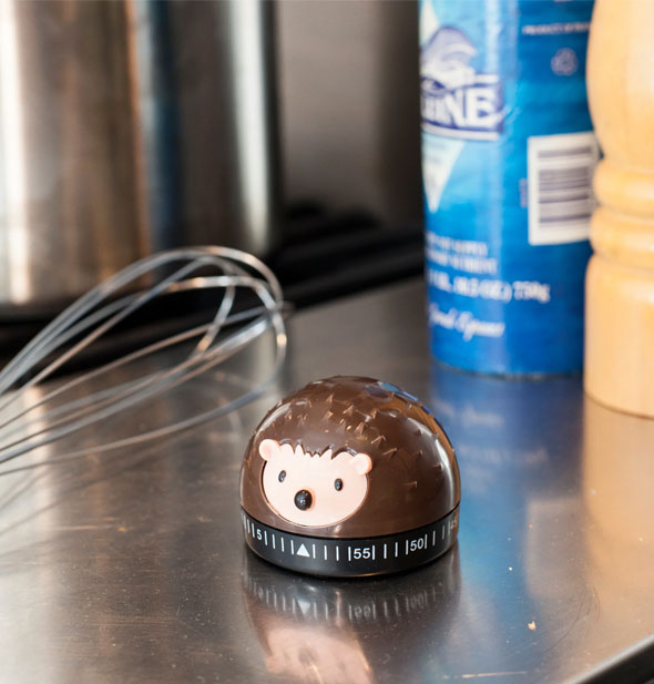 Hedgehog kitchen timer rests on a stainless steel countertop with cooling implements in the background