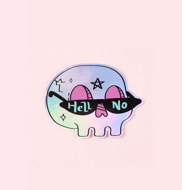 Silvery holographic skull cartoon sticker with pink eye and nose holes and star accents wears a pair of sunglasses that say, "Hell No" in the lenses