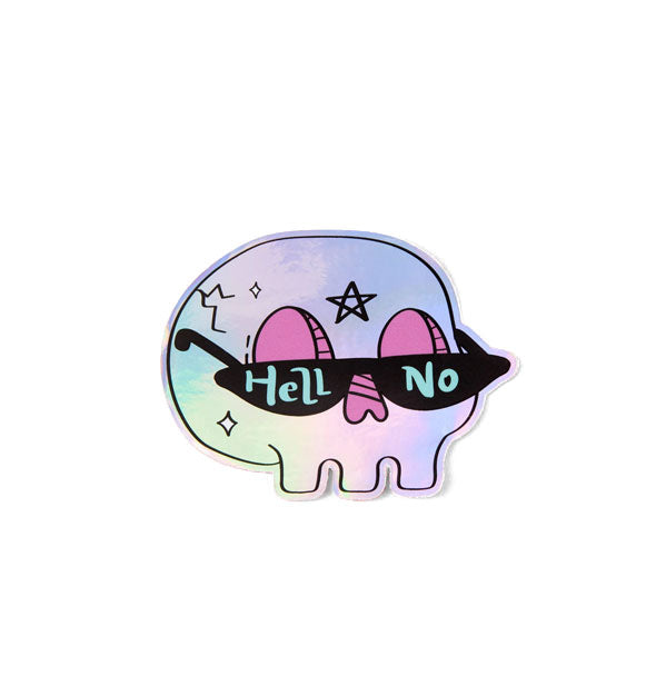 Silvery holographic skull cartoon sticker with pink eye and nose holes and star accents wears a pair of sunglasses that say, "Hell No" in the lenses