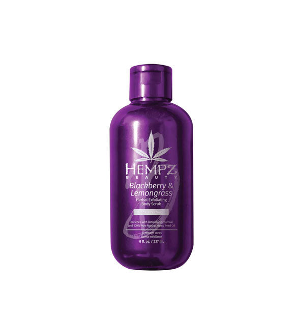 Bright purple 8 ounce bottle of Hempz Beauty Blackberry & Lemongrass Herbal Exfoliating Body Scrub