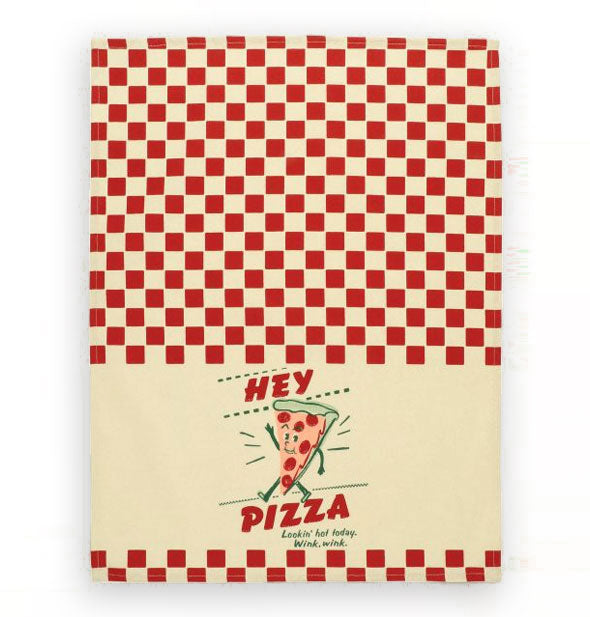 Hey Pizza dish towel unfolded to show red checker pattern