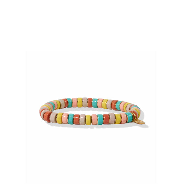 Bracelet with multicolored beads in turquoise, lilac, coral, pink, and chartreuse with rose gold-colored charm at right