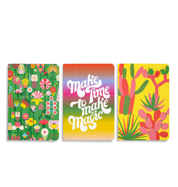 Set of three notebooks in colorful floral and text-dominant designs