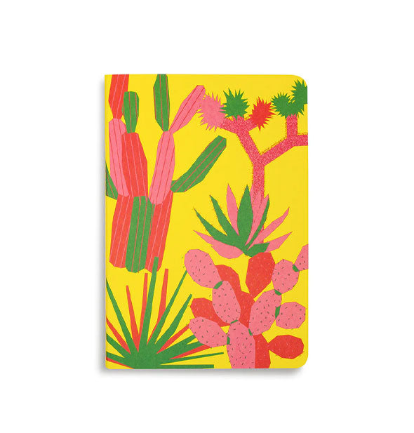 Yellow notebook cover features pink, red, and green cactus artwork