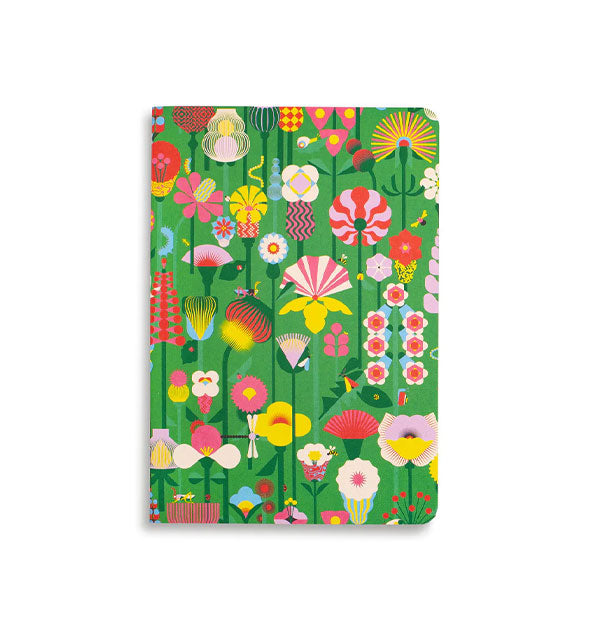 Green notebook cover features colorful, intricate, stylized floral artwork