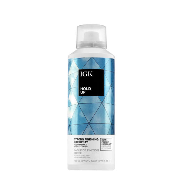 5.5 ounce can of IGK Hold Up Strong Finishing Hairspray with blue geometric label design