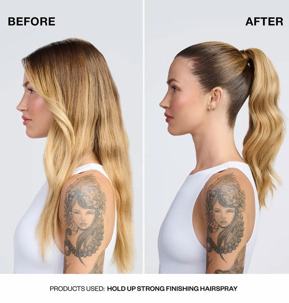 Side-by-side comparison of model's hair before and after styling in a ponytail with IGK Hold Up Strong Finishing Hairspray