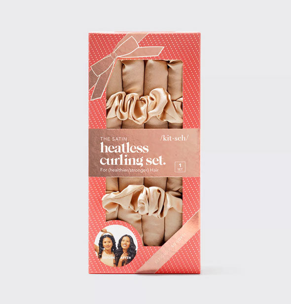 The Satin Heatless Curling Set by Kitsch in champagne can be partially seen through windows in festive polka-dotted packaging