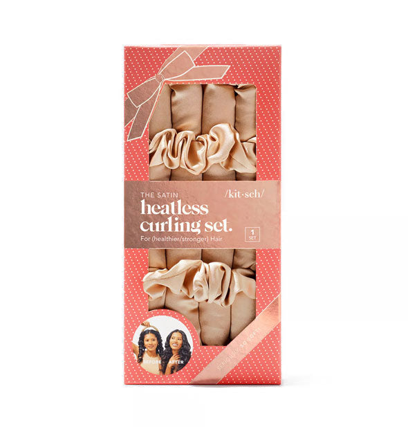 The Satin Heatless Curling Set by Kitsch in champagne can be partially seen through windows in festive polka-dotted packaging