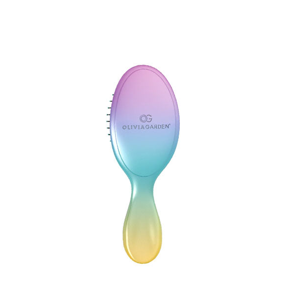 Back of small rainbow ombre Olivia Garden hairbrush with logo printed on the head