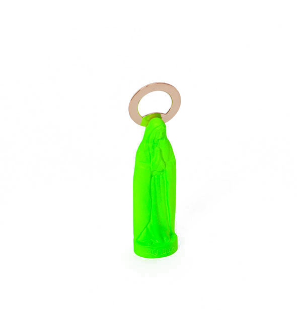 Neon green Virgin Mary figurine with gold bottle opener hardware attachment at top