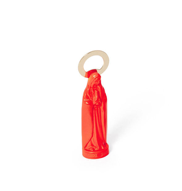 Neon orange Virgin Mary figurine with gold bottle opener hardware attachment at top