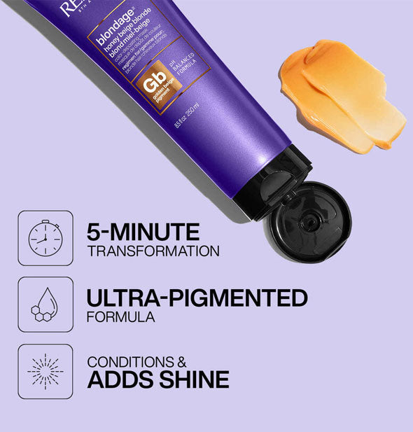 Bottle and sample of Redken Honey Beige Color-Depositing Mask is captioned, "5-minute transformation; Ultra-pigmented formula; Conditions & adds shine"
