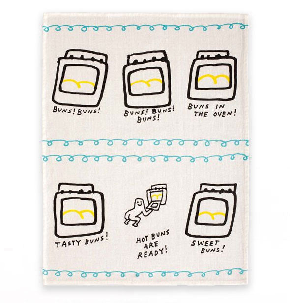 White dish towel with colorful accents and illustrations of ovens says, "Buns!" and "Buns in the oven!" among other bun-related phrases